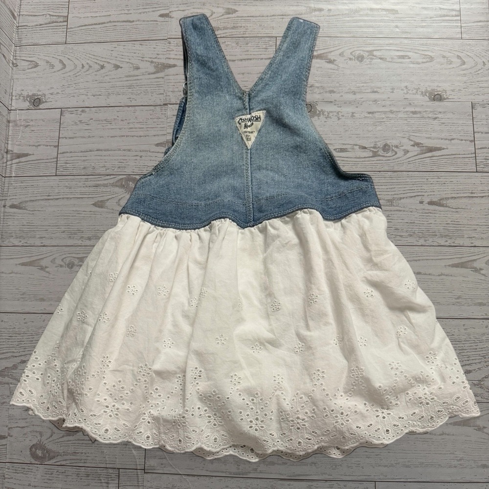 Oshkosh B'gosh Overalls Dress Denim White Lace Pleated Little Girls Size 4T - Picture 4 of 6